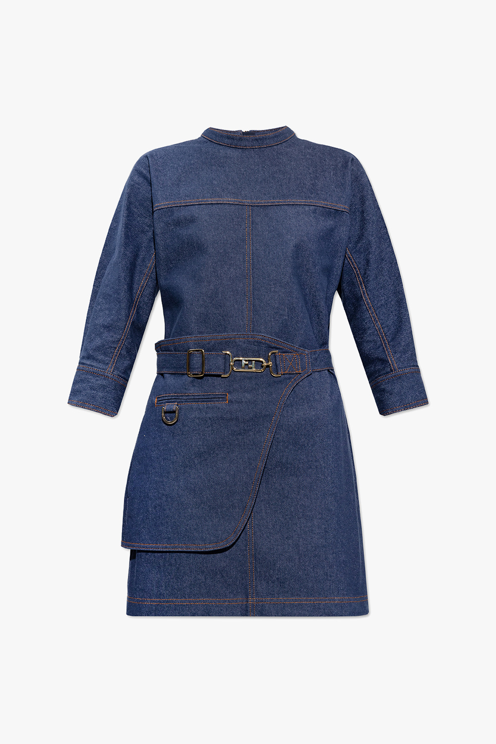 Navy blue Denim dress with waist belt Fendi Fendi handbag print Wrappy scarf Biname fmedShops Turkey